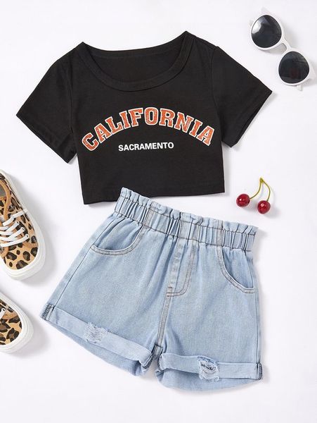 

toddler girls letter graphic tee & paperbag waist ripped denim shorts she, White