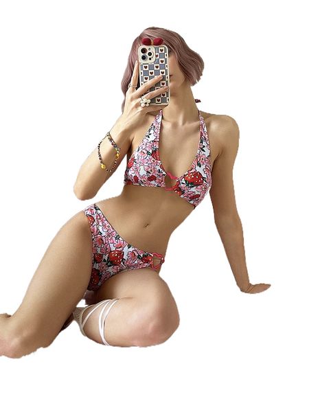 

floral & strawberry print bikini swimsuit j7zp#, White;black