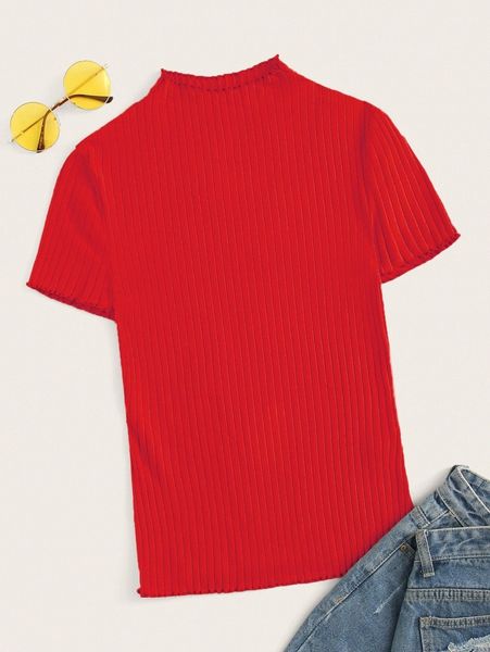 

mock-neck lettuce edge rib-knit tee c8xt#, White