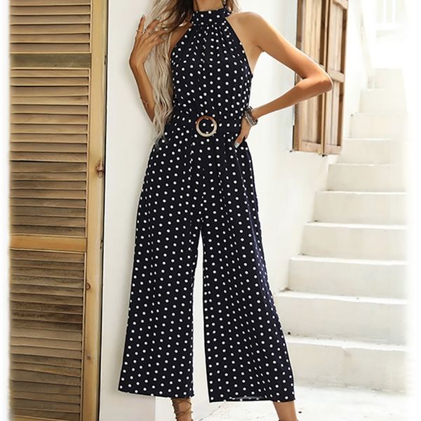 Zarif Kadın Tulum Yaz Günlük Polka Dot Baskı Geniş Tol Uzun Romper Moda Seksi Siyah Halter Kemer W220427