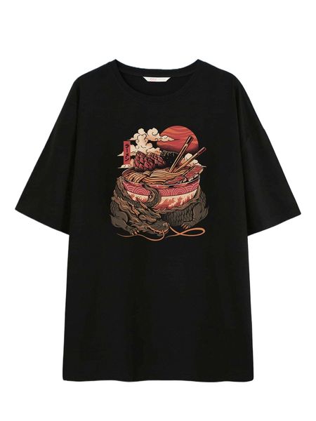 

romwe x ilustrata dragon & noodle graphic drop shoulder tee j4zz#, White