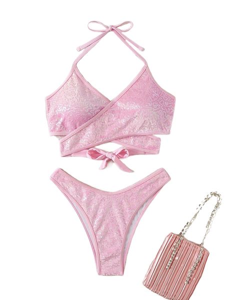 

sequin crossover tie back halter bikini swimsuit l77u#, White;black
