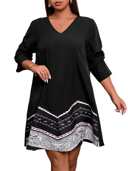 

plus graphic print tunic dress r62h#, Black