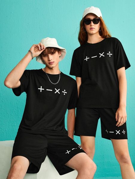 

1pc geo print tee & 1pc drawstring waist shorts e4kk#, Gray