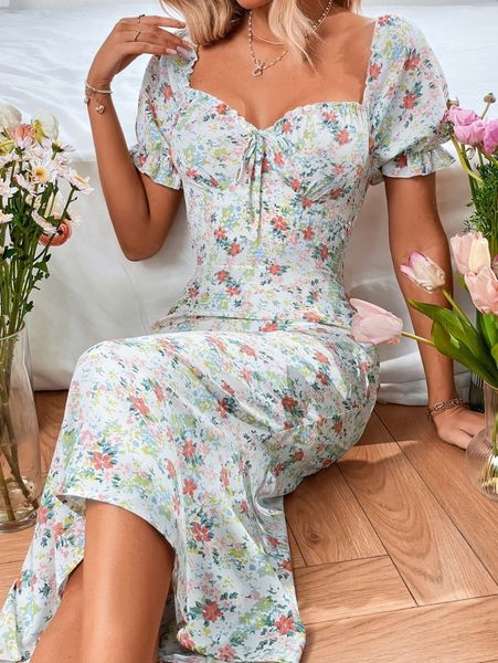 

ditsy floral print sweetheart neck knot front dress 12yq#, Black;gray