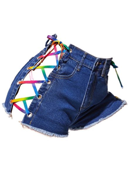 

grommet lace up raw hem denim shorts d6n4#, White;black