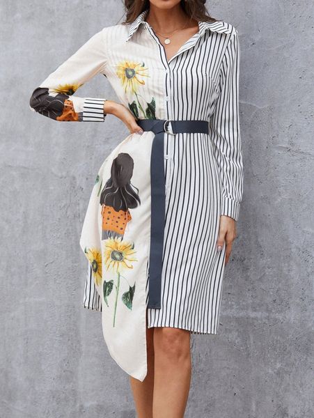 

sunflower & striped print asymmetrical hem belted shirt dress l1ia#, Black;gray