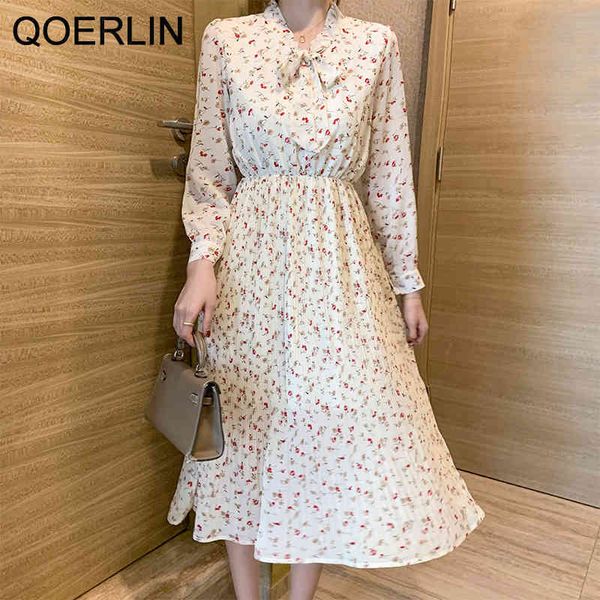 

qoerlin midlength puff sleeve bowknot pleated floral long sleeve chiffon dress chic elastic waist black dresses with liner 2xl 210412, Black;gray
