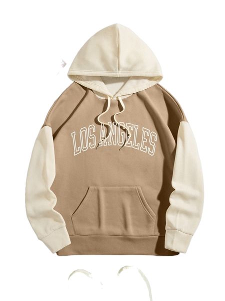 

colorblock letter graphic kangaroo pocket drawstring hoodie 74if#, Black