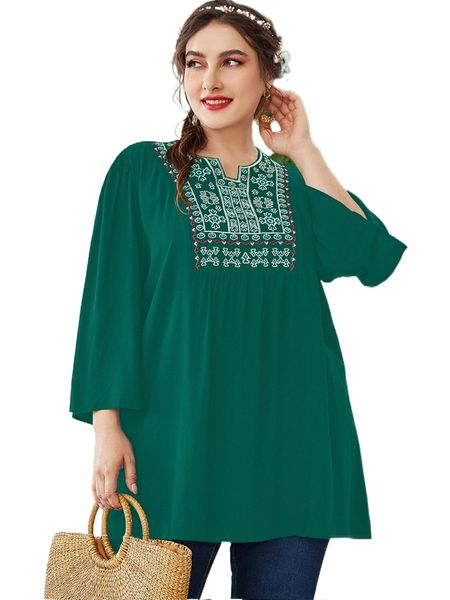 

plus floral embroidered notched neck blouse o1lq#, Black
