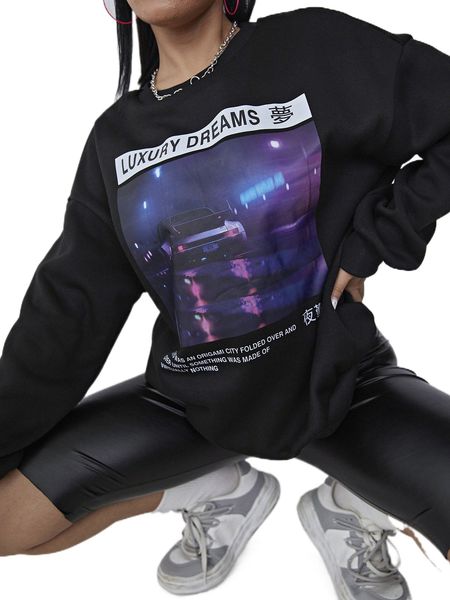 

sxy slogan & car print drop shoulder pullover 83jh#, Black