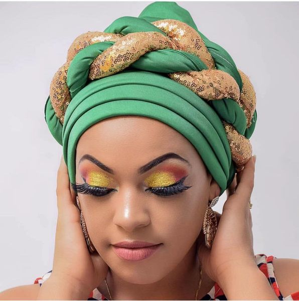 Árabe envoltório lenço muçulmano hijabs turbantes bonés africano headtie lantejoulas trança chapéu para mulheres gorro plissado headwrap acessórios de cabelo aso oke auto gele hcs188