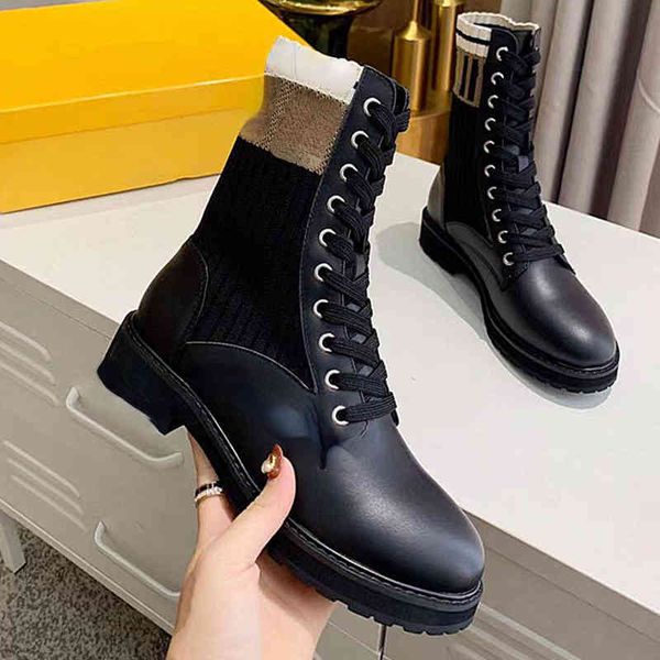 

brand f home autumn and winter new women's knitted elastic cloth leather stitched letters old flower thick bottom lace up middle tube m, Black