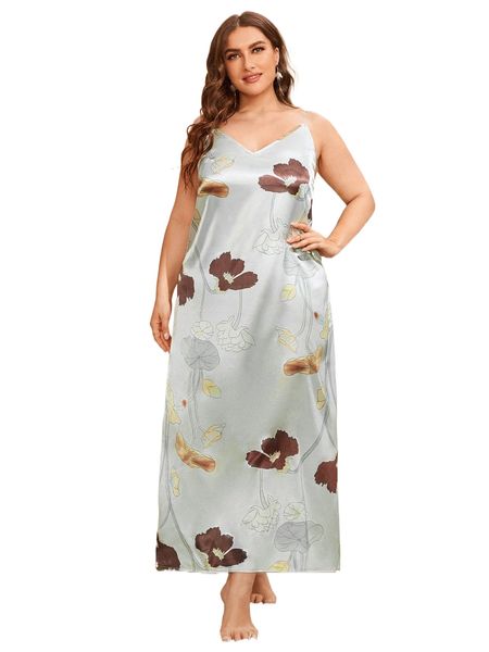 

plus floral print satin cami nightdress 43tu#, Black;white