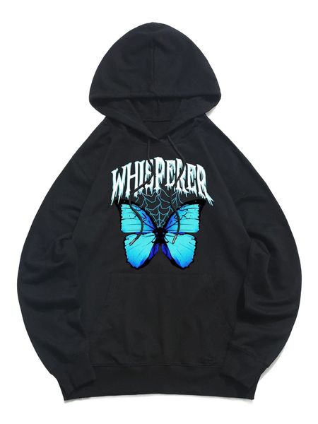 

men butterfly & letter graphic drawstring hoodie d5mh#, Black