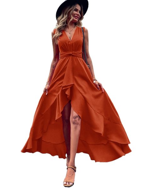 

twist waist high low hem dress w62h#, Black;gray