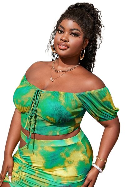 

sxy plus tie dye tie front off shoulder crop blouse j96w#, Black