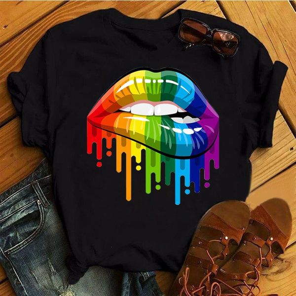 

colorful mouth print t shirt women short sleeve female graphic tee shirts ladies fashion black t-shirt clothes, White
