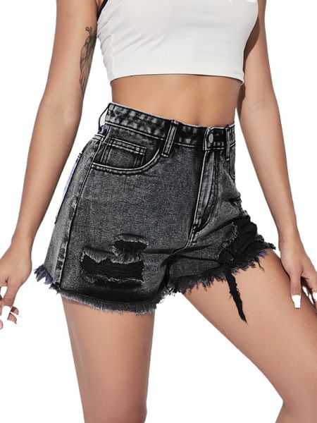 

high waist ripped raw hem denim shorts a0go#, White;black