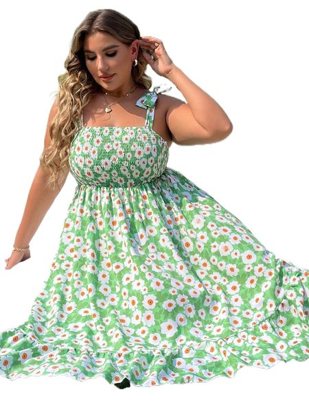 

plus floral shirred knot shoulder ruffle hem cami dress p8ci#, Black