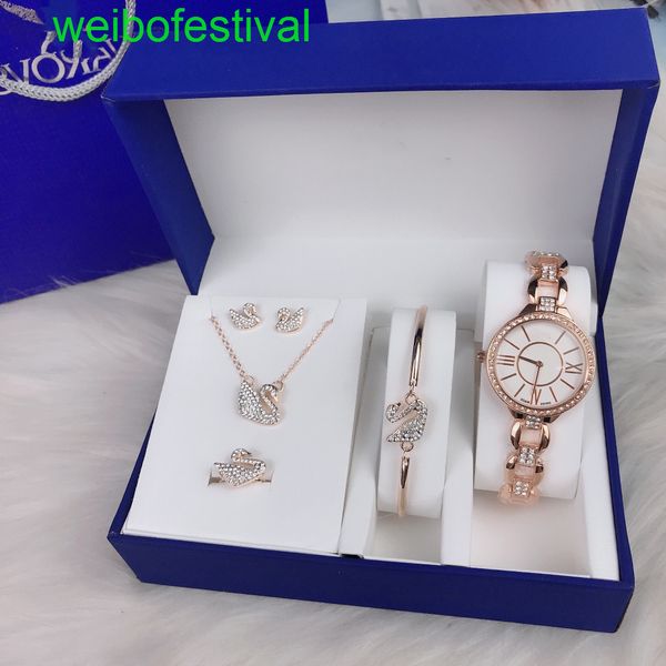 

sw classic rady quartz movement watch bracelet necklace earring ring 5 piece original gift box gift high-end custom inlaid diamonds fdef, Slivery;brown