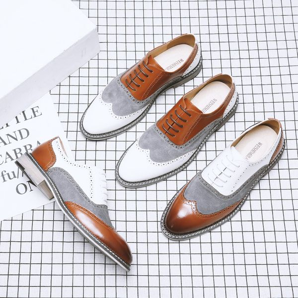 

brogues men shoes pu leather colorblock flat heel casual fashion daily workplace l wedding car sewing carved lace-up british business dress, Black