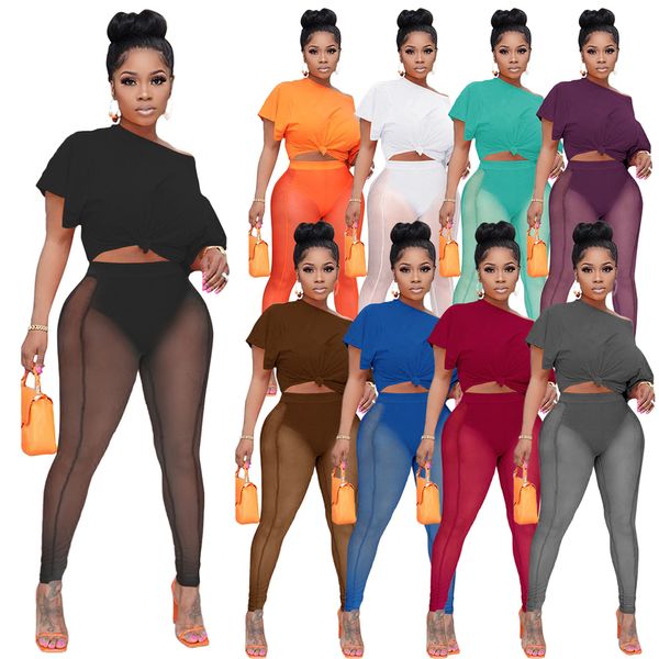 Neue Ankunft Mesh Durchsichtig Trainingsanzüge Für Frauen Solide Kurzarm Crop Top Und Dünne Hosen Zwei Stück Sets Q22Y8062