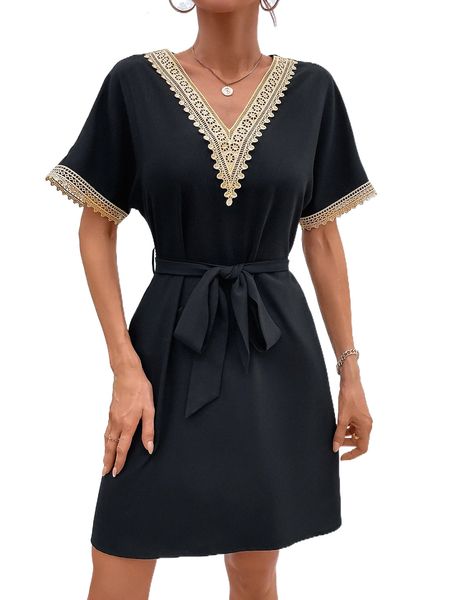 

guipure lace batwing sleeve belted dress y13y#, Black;gray