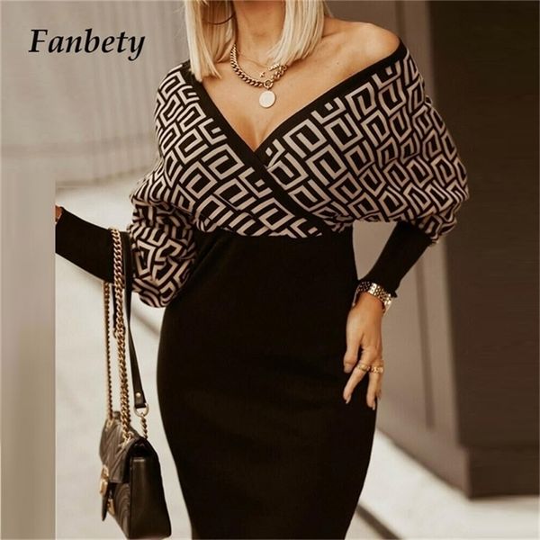 

women elegant striped printed bodycon dress deep v neck party dress winter office lady autumn casual long sleeve slim dress 220317, Black;gray