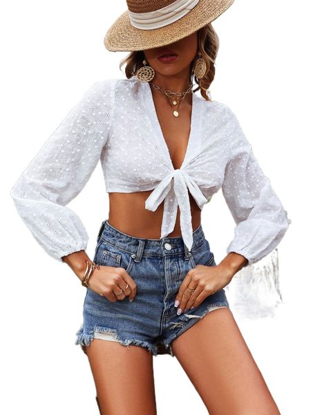 

schiffy tie front bishop sleeve crop p1oa#, White