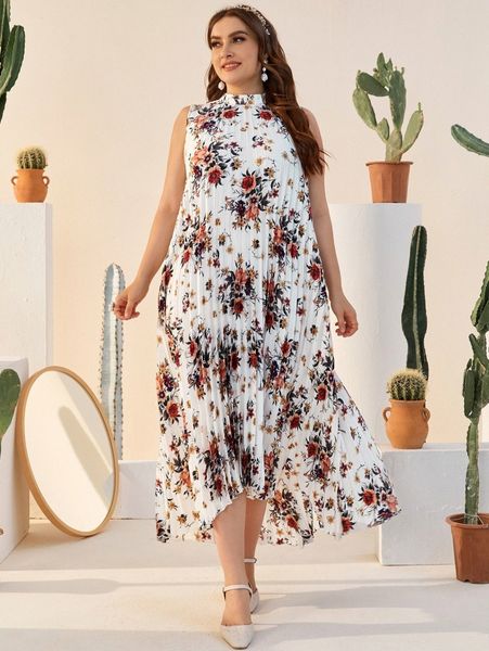

plus tie back floral asymmetrical pleated dress without belt c6az#, Black