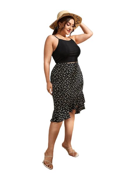 

plus solid crop cami & ditsy floral asymmetrical ruffle hem skirt 18y3#, Black