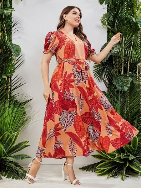 

plus tropical print puff sleeve belted dress d3cz#, Black