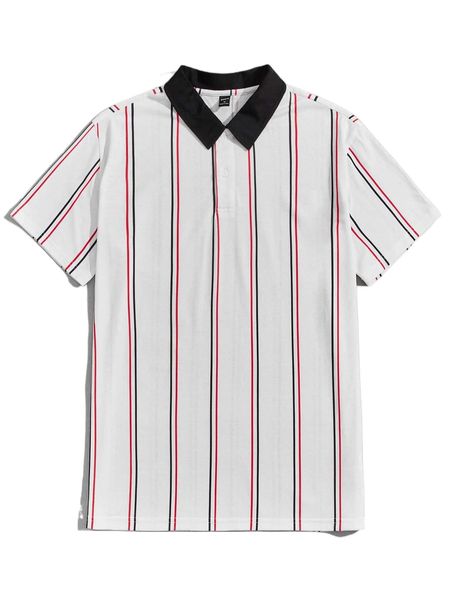 

men striped contrast collar polo shirt o8a5#, White;black