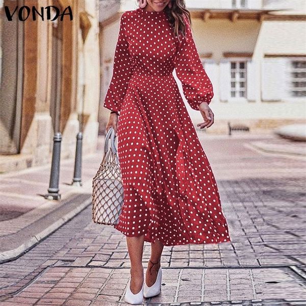 

vonda party dresses autumn women long sleeve vintage polka dot oneck dress casual bohemian midi dress plus size sundress t200416, Black;gray