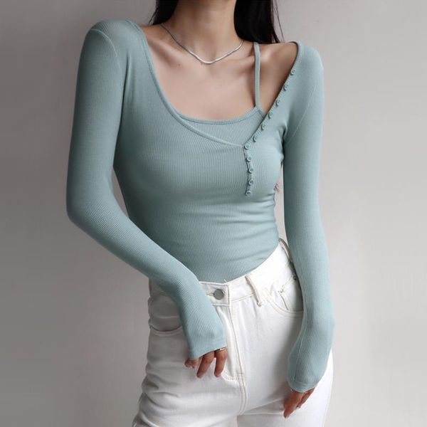 Kadın T-Shirt Kadın Asimetrik Boyun Düğmesi Detaylar Uzun Kollu ve Cami Koordwomen's