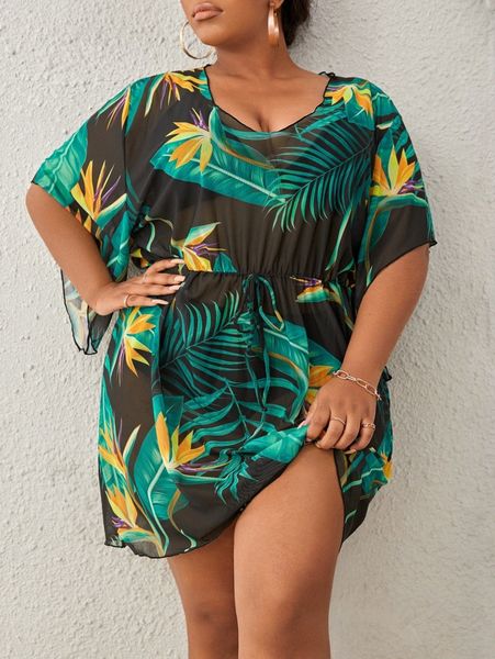 

plus tropical print tie front cover up without bikini set d6tl#, Black