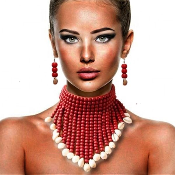 Dichiarazione africana Collane robuste per le donne Multi Strand Collana a strati di perline colorate Collana di gioielli di moda Set di orecchini 220812
