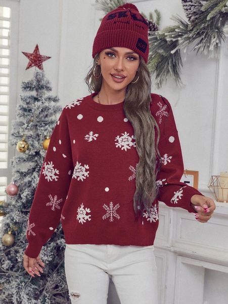 

snow pattern drop shoulder sweater u6kk#, White;black