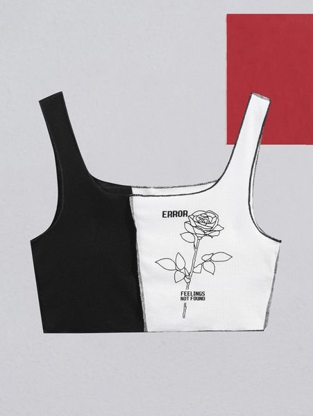 

x iiiamselina rose & letter graphic two tone titching crop tank v19d#, White