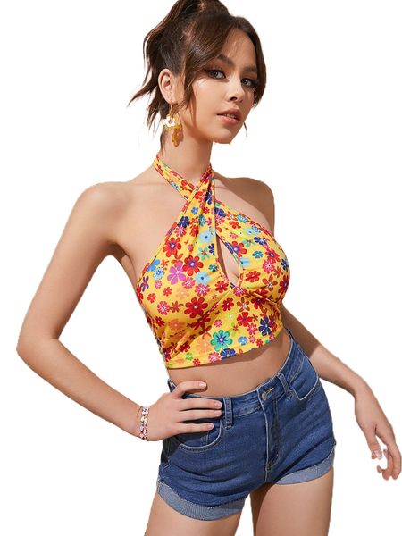 

allover floral print backless halter 38y5#, White