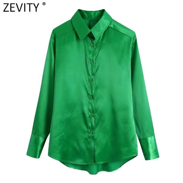 ZEVITY Kadınlar Sadece Tek Göğüslü Yeşil Saten Smock Bluz Ofis Lady Uzun Kollu Iş Gömlek Chic Blusas Tops LS9844 220407