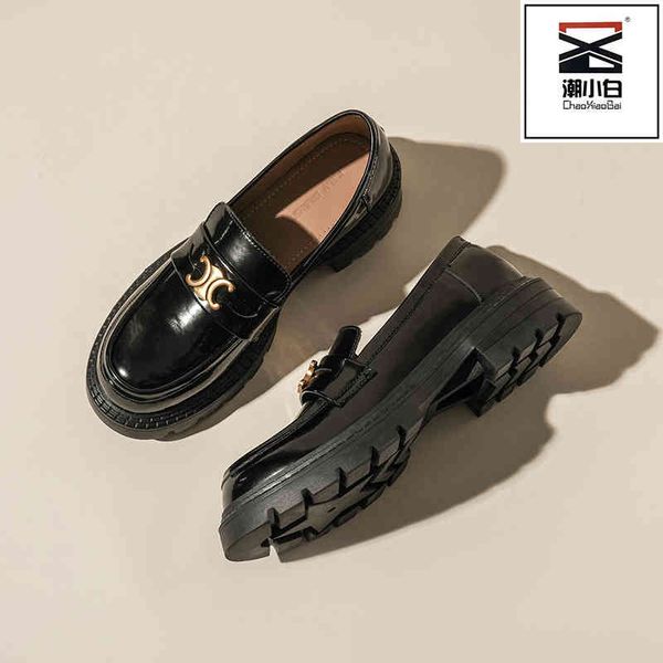 

shoes women's two-layer cow leather 2022 british jk small thick heels and soled casual in summer, Black