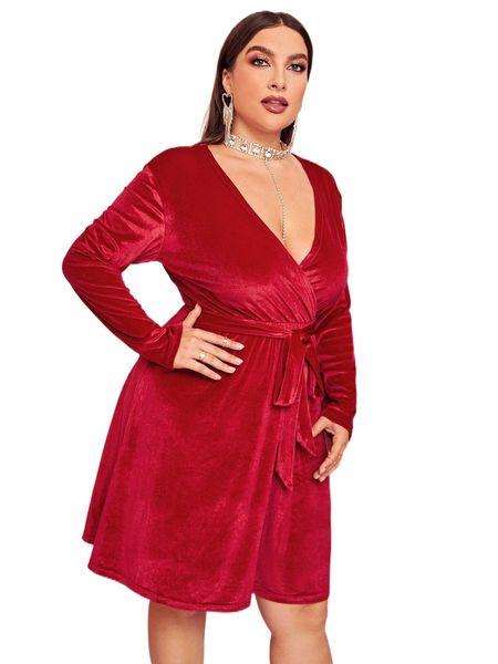 

plus surplice neck belted velvet dress m9ik#, Black