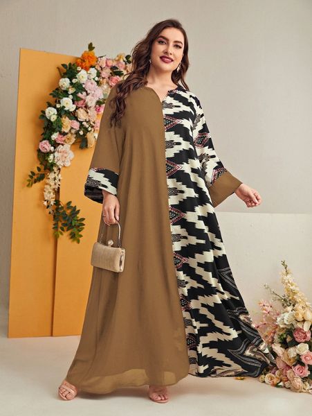 

plus notch neck geo print dress a93x#, Black