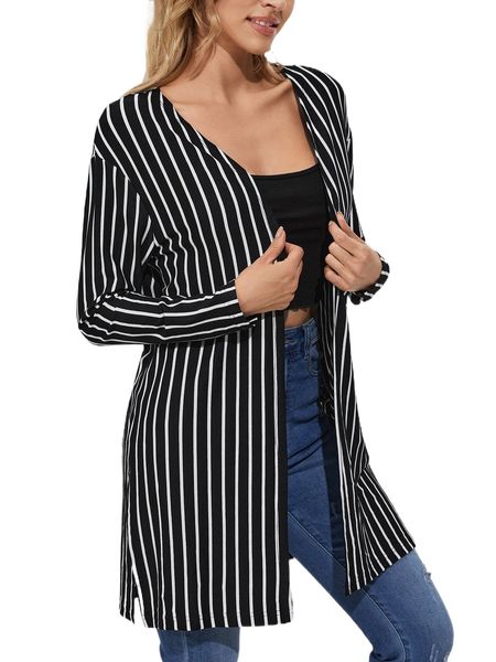 

striped print open front split hem coat g6ob#, Black