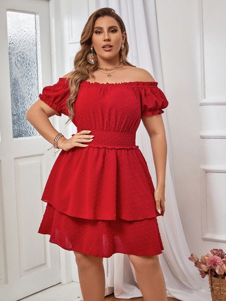 

plus swiss dot shirred waist frill trim two layered hem dress 10vh#, Black
