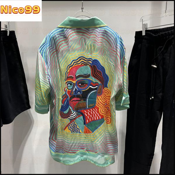 

22ss new shirts character head portrait hawaiian wind vacation wave silk men and women versatile loose shirt, White;black