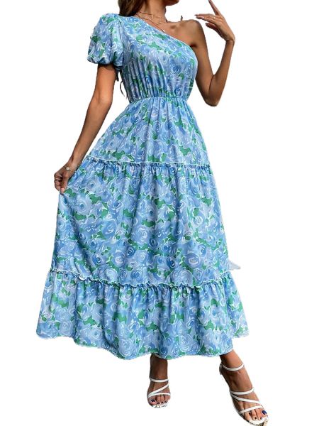 

floral print one shoulder frill ruffle hem dress 870j#, Black;gray