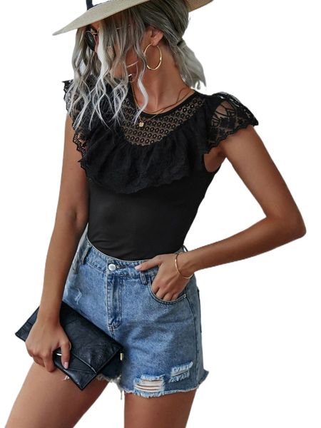 

contrast lace cap sleeve bodysuit s6hf#, White